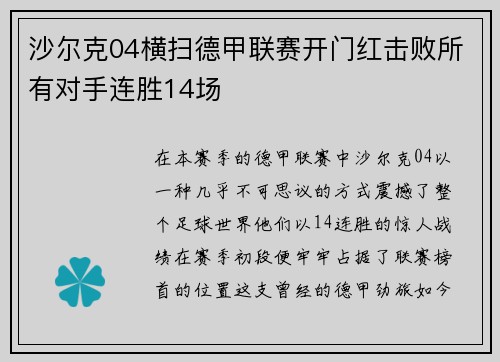 沙尔克04横扫德甲联赛开门红击败所有对手连胜14场